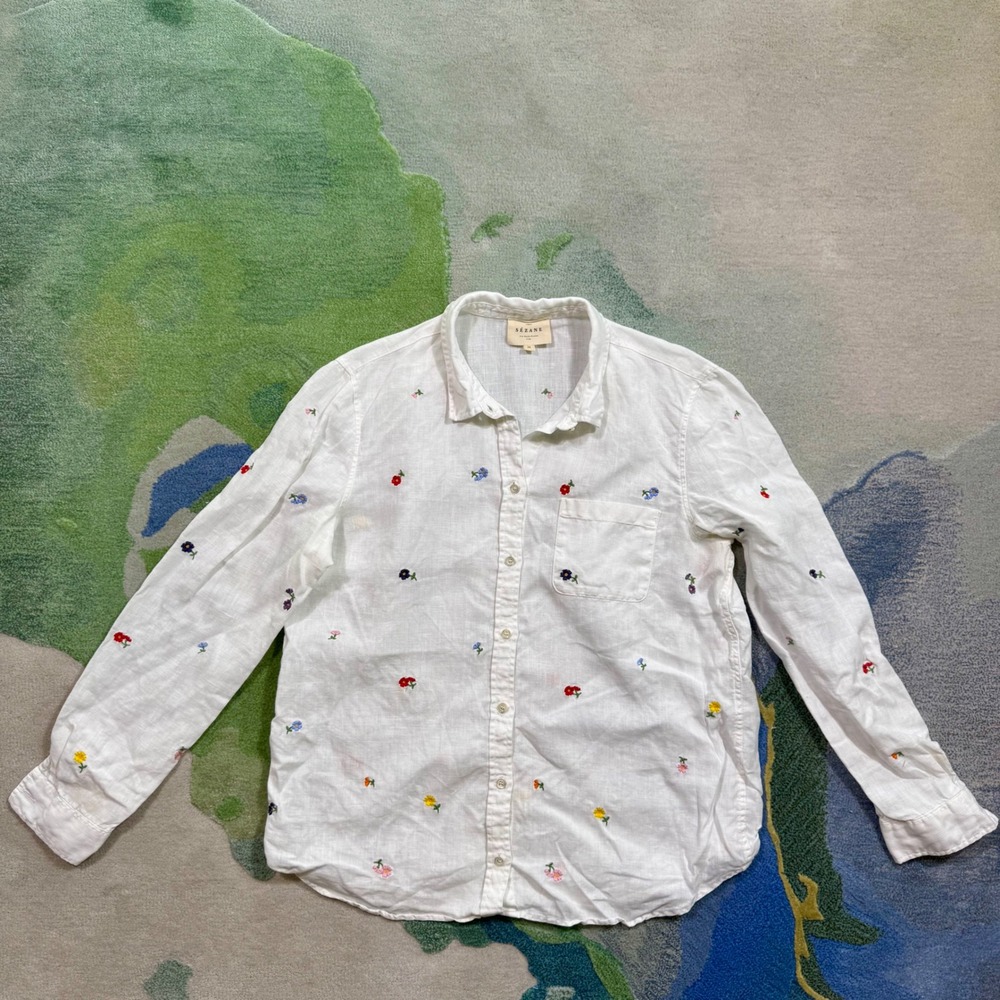 Sezane White 100% Linen Floral Embroidered Button Down Shirt Size 38 US 6